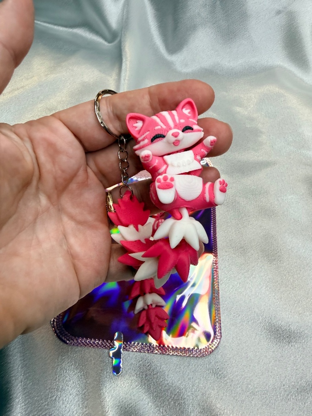 3D Printed Articulated Pink Cat Keychain Flexible Fidget Bag Charm